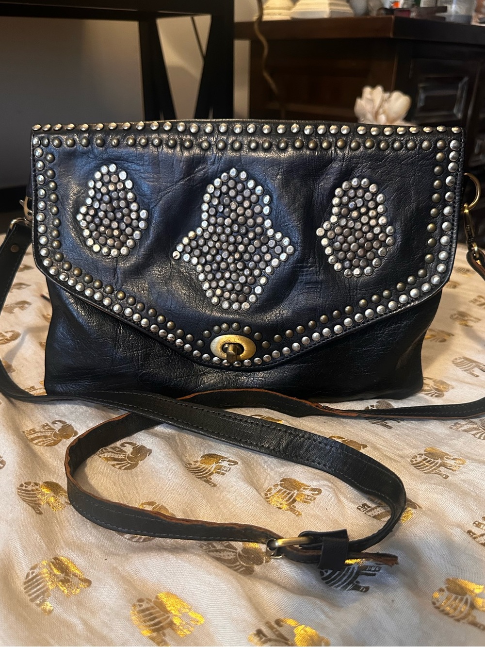 Moroccan Hobo - Black Studded Leather Crossbody Bag with Turn-Lock Closure
